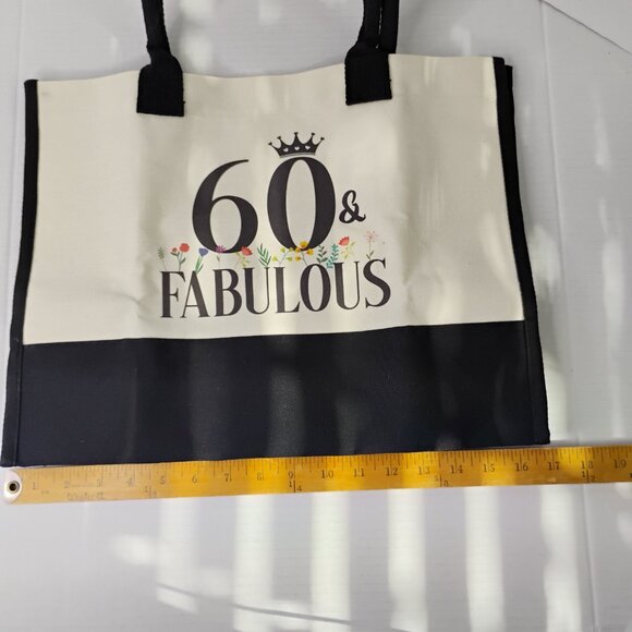 60 & Fabulous Canvas Tote Bag with Zipper Pouch & Ribbon – Black & Cream- NEW - Picture 10 of 16